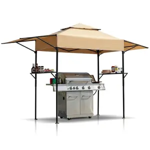【Father's Day Gift】Dark Gray Double-top Foldable Grill Canopy with Adjustable Side Sun Shades, Mesh Trays & Carry Bag, Powder Coated Steel Frame Patio BBQ Shelter for Outdoor Camping, Picnic, Garden