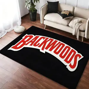 BACKWOODS Logo Flannel Area Rug - Red Black White Street Style Print Soft Mat for Living Room Bedroom, Non-Slip Fashion Home Decor#BACKWOODSRug #LogoMat #StreetStyleHomeDecor #RedBlackCarpet #NonSlipFlannelRug