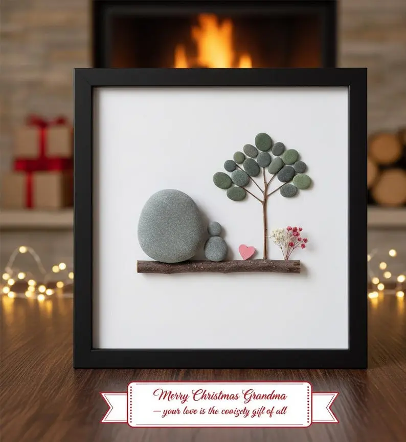 Personalized Grandma Gift Pebble Art | Grandmother Grandchild Christmas Keepsake | Pebble Tree Stone Art | Framed Xmas Present for Nana