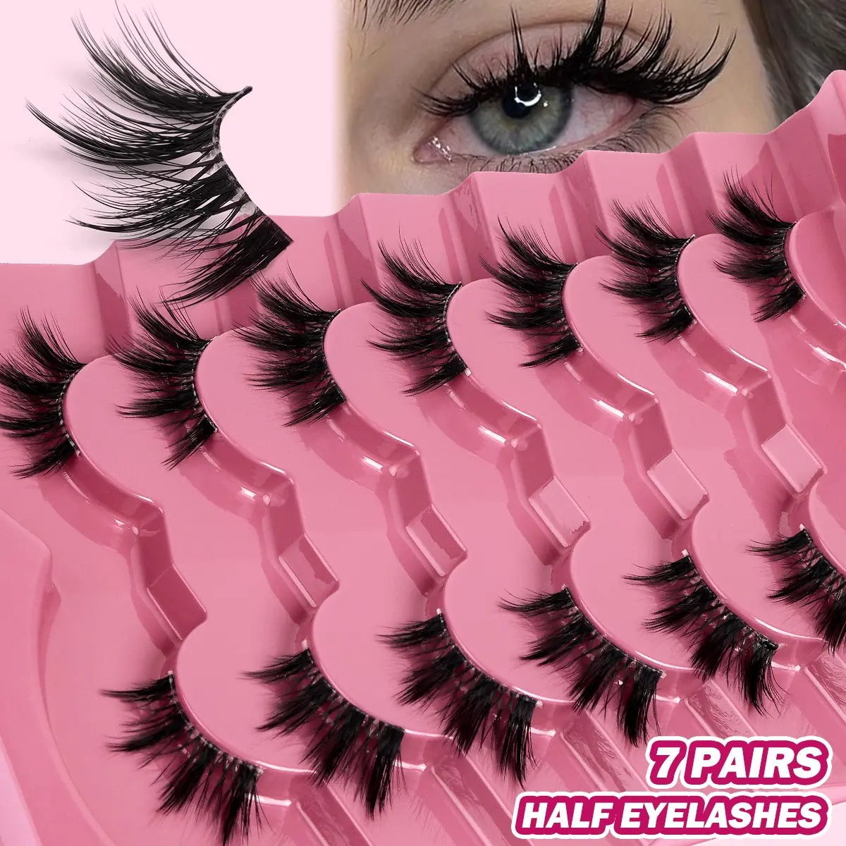 MAGEFY 7 Pairs Manga Spiky Half Eyelashes Set - D Curl 3D Fluffy Faux Mink Cat Eye Lashes, Cosmetic False Lashes, Ultra-Thin Seamless Band, Lightweight & Reusable, Voluminous Look for Anime Makeup, Daily Wear, Perfect for Effortless Eye Enhancement
