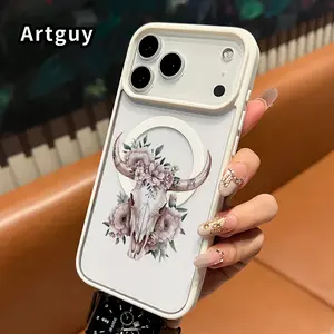 Clear Magnetic Phone Case for iPhone 17 Pro Max 16 Plus 15 14 13 12 11 Air E Bull Skull Flowers  Pattern Acrylic Hard Back Soft Silicone Edge Anti-Fall Cover Shell for boy girl
