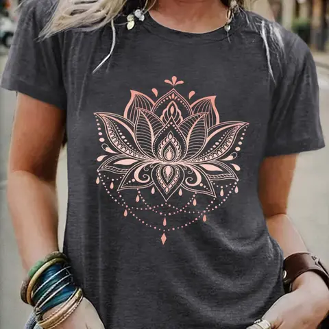 Women's Floral Print Round Neck Graphic Tee, Casual Short Sleeve T-shirt for Daily Wear, Ladies All Seasons Clothing