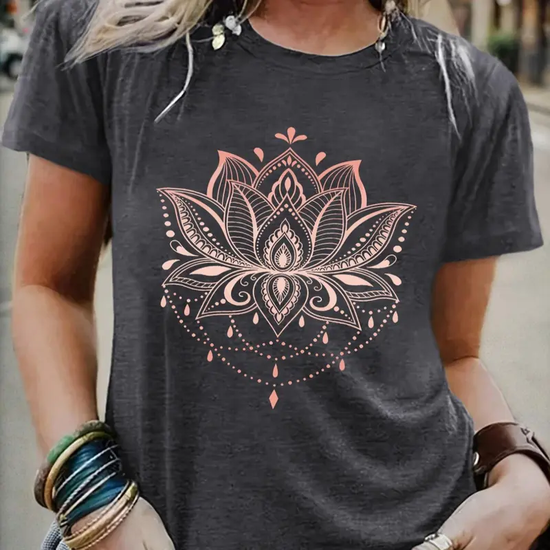 Women's Floral Print Round Neck Graphic Tee, Casual Short Sleeve T-shirt for Daily Wear, Ladies All Seasons Clothing