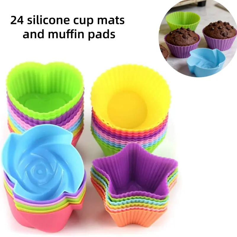 24-Piece Food Grade Silicone Baking Molds Set - Oil & Stick-Resistant, Non-Toxic, Durable, Flexible Non-Stick Mats/Pads with Circular, Star, Heart, Flower Shapes for Home Kitchen Cupcake Pan, Kids School Projects, Family Gatherings