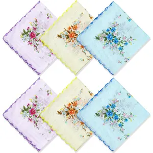 6  PCS Women's Handkerchiefs with Small Floral Patterns and Crescent Edges, Printed with Pure Cotton, White Background, Refreshing and Suitable for Family Banquets, Birthdays and Christmas Gift
