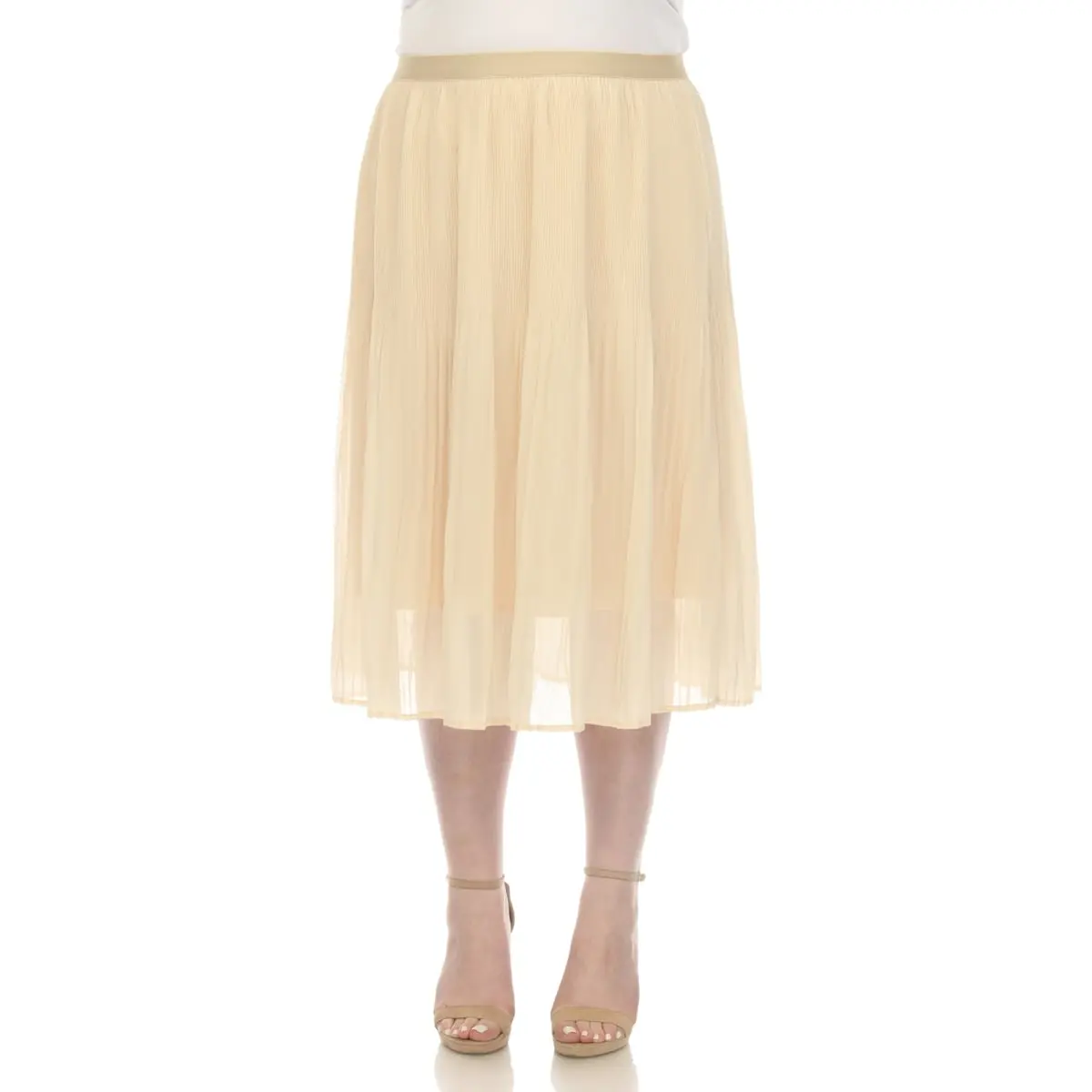212 MAIN Women's Beige Plus Size 1X 100% Polyester Chiffon Pleated Midi Skirt - Flowy, Elastic, Comfortable, Lightweight, Lined Bottom - PS7331-05-1X (Midi Skirts for Elegant Ladies), Flowy Skirts
