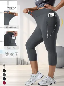 Women's Plus Size Tight Pants, Crescent Pocket Design, High Waist Elastic Seven-Quarter Pants, Outdoor Activities, Cycling, Hiking, Casual Wear