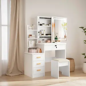 Vanity Table with Mirror and LED Lights, Modern European Style Makeup Desk with 3 Lighting Modes, Storage Drawers and Open Shelves, Bedroom Dressing Table for Women Girls