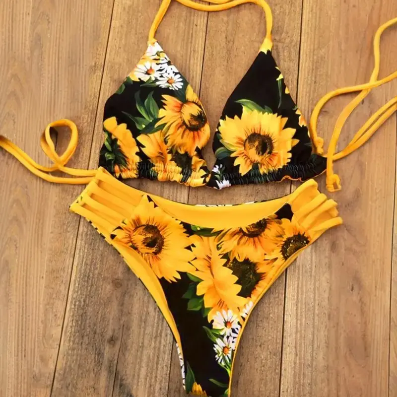 Sunflower Halter Bikini Set For Women, Two pieces Swimsuit 2 Pieces Bikini, Womenswear