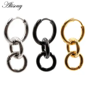 Alisouy 2pcs Punk Hiphop Gothic Stainless Steel Circle Dangle Clip Huggie Round Hoop Earrings for Women Men Ear Helix Earrings