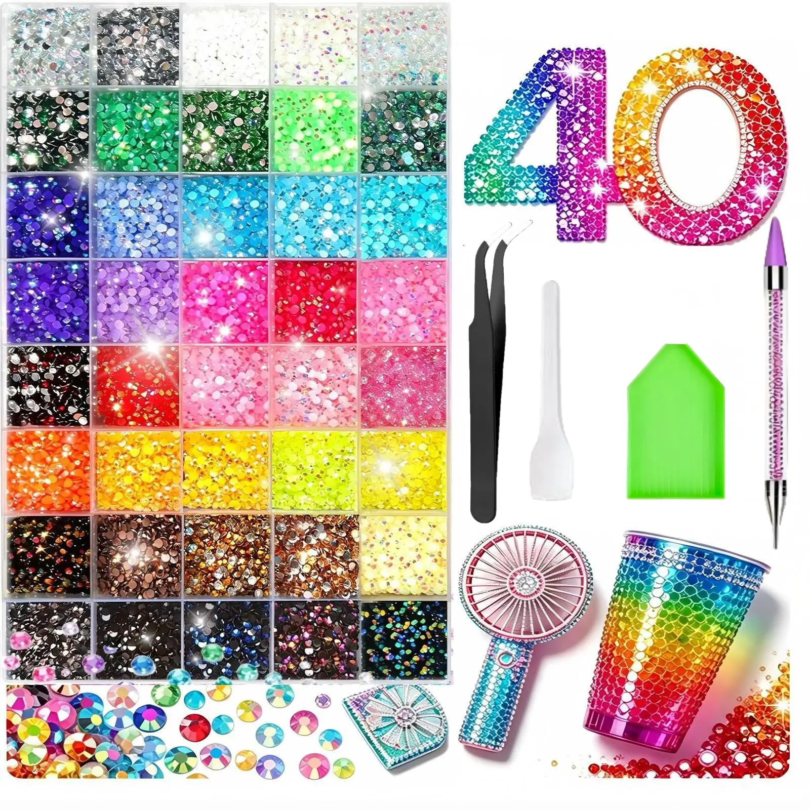 3mm Resin Flatback Multi-Pack Kit - 40 Grids, 40 Colors, 40000Pcs, Economical Bling Rhinestone Decoration, Glitter Nail Art Accessories, Tweezers Included, Boxed for DIY Enthusiasts
