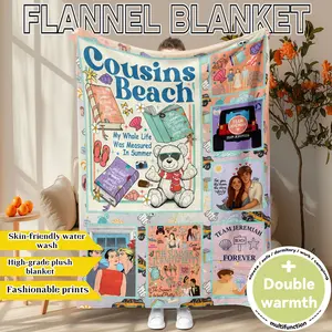 "Summer Secrets" print. "The Summer I Turned Pretty" themed flannel blanket. Soft, plush, and oversized for warmth. Ideal for home, office, travel, or as a holiday gift. All-season use and machine washable.