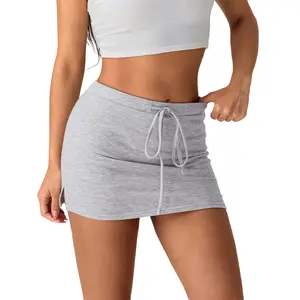 Women's Fashion Mini Skirts Solid Color Drawstring Elastic Waist Skirts Summer Casual Short Skirts