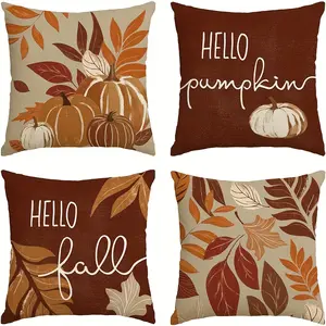 4pcs, Fall Pumpkin Leaves Pillow Covers, Seasonal Thanksgiving Harvest Cushion Case Decoration for Sofa Couch, Single-sided Printing, Without Pillow Core, Cushion Slipcovers