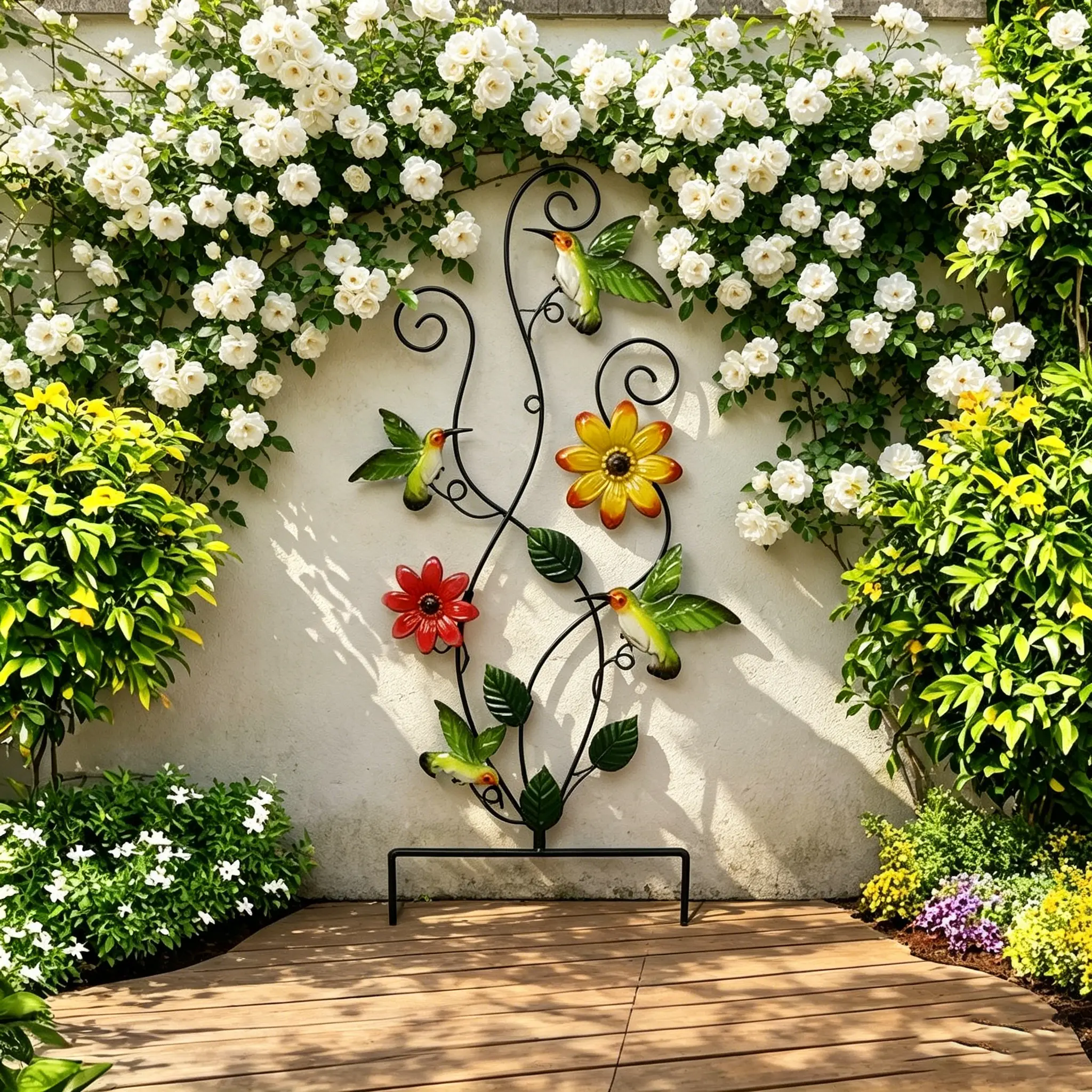 26.3 Inch Hummingbirds Garden Stake Decor, Colorful Look & Personalities Flowers Metal Wall Art Spring Decoration, Yard Outdoor Lawn Pathway Patio Ornaments