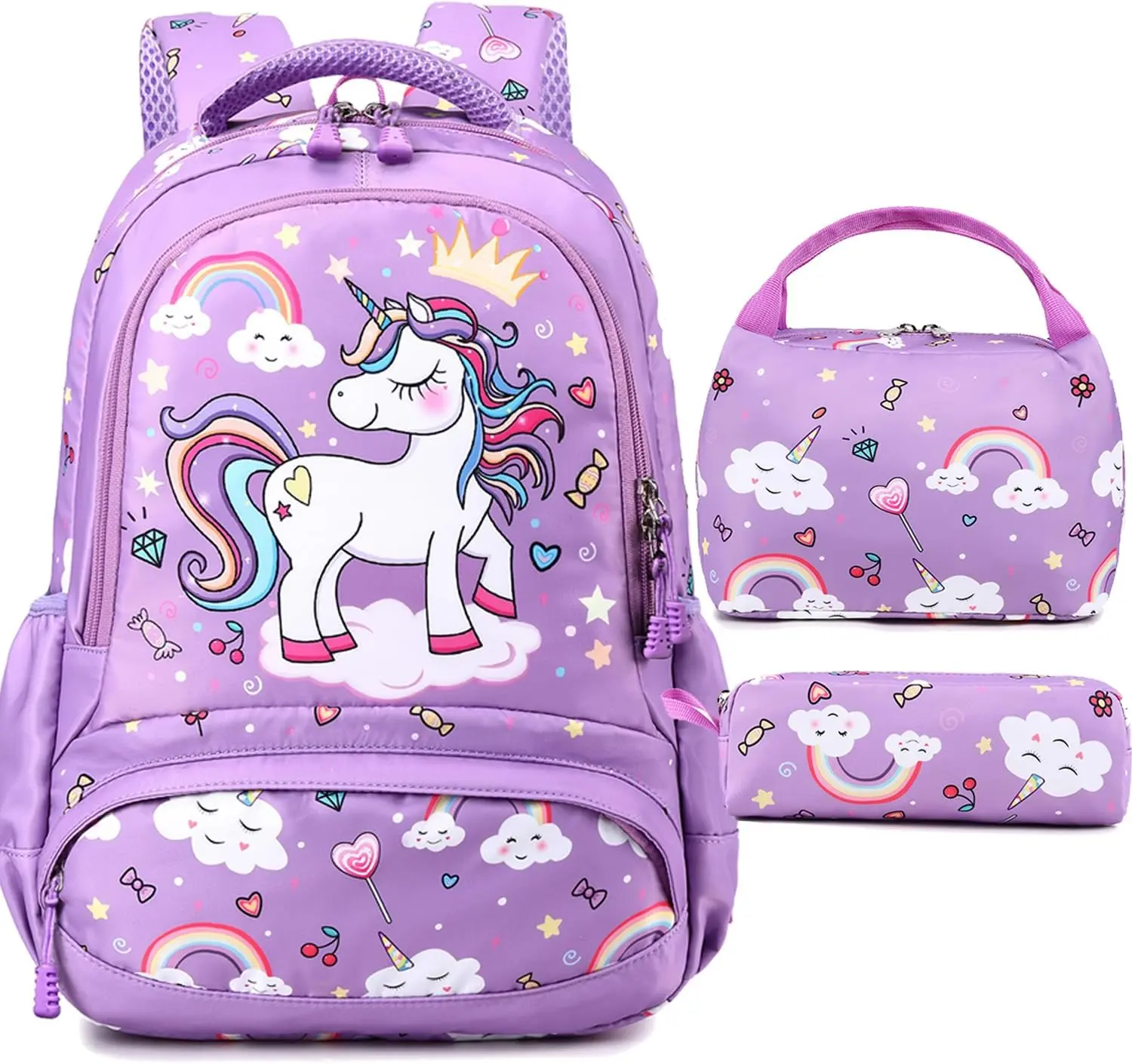 Unicorn Print Girls' Elementary Backpack Set - Backpack for School Bookbag, Sparkly Accents, Kids' Fashion Accessory