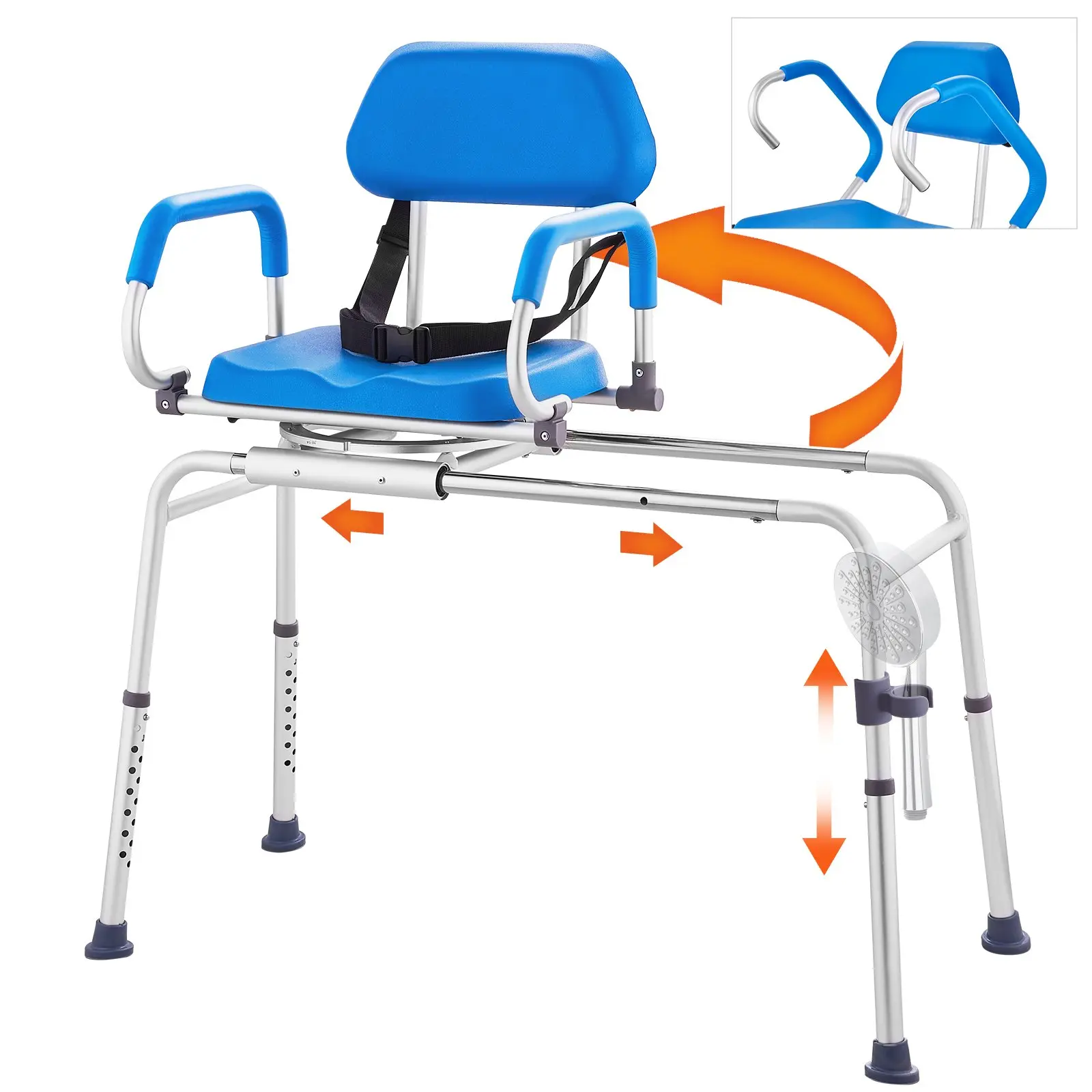 VEVOR Aluminum Alloy Sliding Tub Transfer Bench with 360° Swivel Seat, Pivoting Armrest, Padded Seat, Safety Belt, Height Adjustable Design, 330 lbs Capacity, Showerhead Holder, Strong Stability for Elderly & Disabled (16.8 lbs Weight)