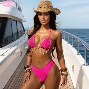 Yolabra Vibrant Hot Pink Base Design Luxury Gold Chain & Pearl Embellishment Sexy Triangle Halter Top High-Waisted High-Cut Bottom Figure-Flattering Silhouette Bold Statement-Making Style Adjustable Tie-Back Halter StrapVacation-Ready Beach/Yacht Look