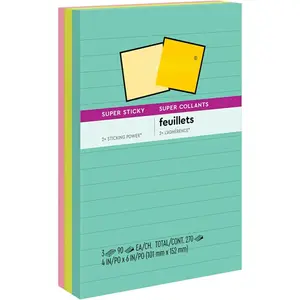 Super Sticky Lined Notes, 3 Sticky Note Pads, 4 x 6 in., School Supplies for Students, Ideal for Textbooks, Notebooks, Walls and Vertical Surfaces, Supernova Neons Collection