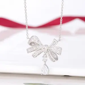 Elegant Sparkling Bow Pendant Necklace for Women, Dainty Ribbon Charm with Teardrop Drop, Luxury Statement Jewelry for Wedding, Party, Prom, Perfect Gift for Girlfriend, Birthday, Valentine's Day, Trending Fairy Aesthetic Accessory