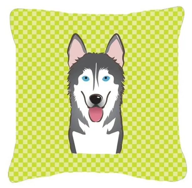Checkerboard Lime Green Alaskan Malamute Fabric Decorative Pillow - 14x14 In, Fade Resistant, Machine Washable, Stain Resistant