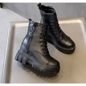 Black Platform Boots Girl Women Footwear Walking Shoes Comfort Round Toe Ankle