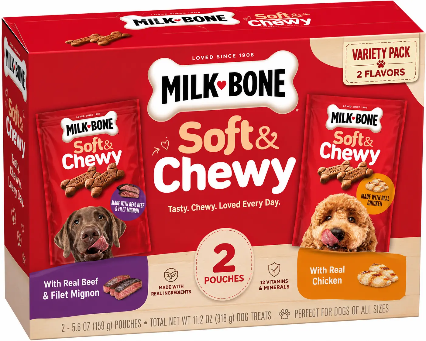 Milk-Bone Soft & Chewy Dog Treats Variety Pack - 2 Pouches with Real Beef & Filet Mignon & Real Chicken - 11.2 oz Total - Soft Texture for Easy Chewing - Fortified with Vitamins & Minerals