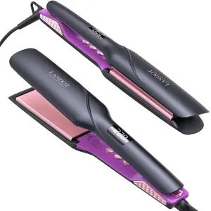 LANDOT SmoothMax Pro Wide Ceramic Flat Iron Hair Straightener for Thick Long Coarse Curly Hair Ionic Frizz Control 250-450F Adjustable Temp Auto Shut Off Pouch Storage - Black