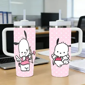 Cute P-P-Pochacco Vacuum Flasks 40oz Stainless Steel Tumbler with Handle & Straw, Vacuum Insulated Travel Mug Keeps Drinks Cold Up to 12 Hours, Leak-Resistant Cup for Iced Coffee, Water, Office, Gym or Travel