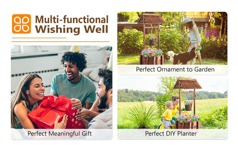 VINGLI Wooden Wishing Well Outdoor Planters, Well Covers for Yard with 2/4 Reinforced Rods, Height Adjustable Hanging Bucket, Rustic Flower Pot Home Decor for Outside Patio Garden