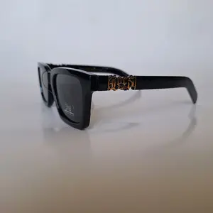 Black Sunglasses with Gold Logo on Temple Arms