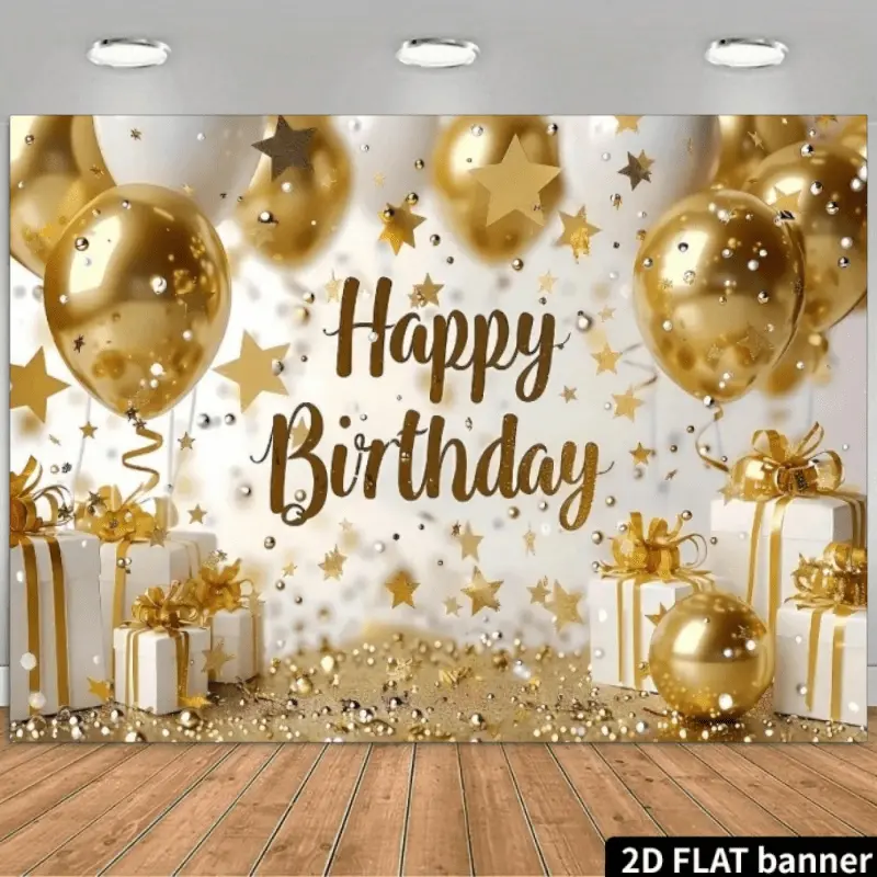 Golden Luxury Happy Birthday Party Banner Backdrop Tapestry, White and Gold Birthday Background with Happy Birthday Lettering, Balloon Clusters, Stars and Gift Box Design, Luxurious Celebration Wall Decor