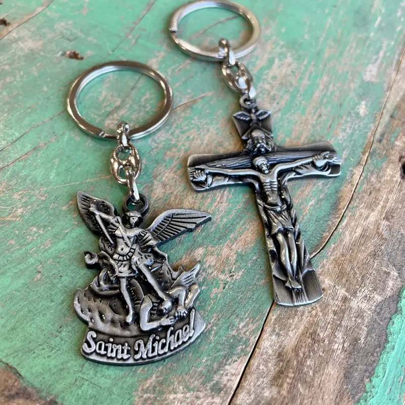 Saint Michael Oxidized Keychain with Cross and Eagle Design