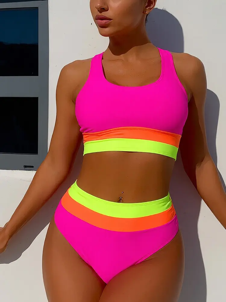 Women's 2-Piece Colorblock Swimsuit Set - Square Neck Crop Top, High-Waist Tummy Control Bottoms, Stretch Knit Fabric, Machine Washable for Beach Pool Swimming, Swimsuit for Women