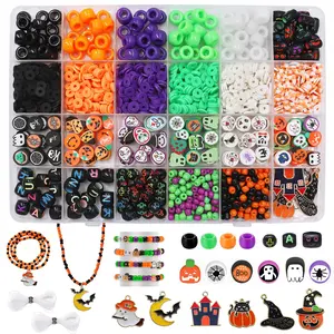 Halloween Clay Beads Bracelet Making Kit with Moon Pumpkin Ghost Witch Hat Charms Pendants for Jewelry Making