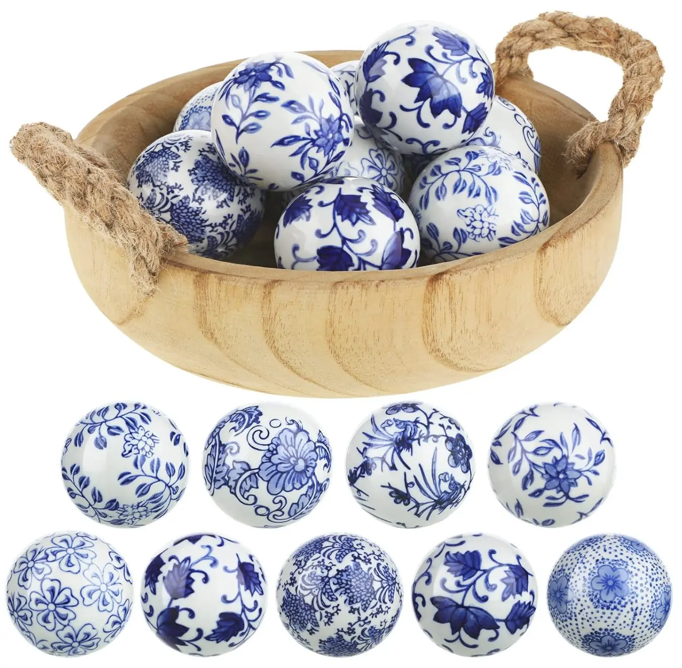 9 Pcs Blue and White Porcelain Balls Decorative Chinoiserie Orbs for Centerpiece Bowls China Ceramic Balls Farmhouse Basket Tray Vases Decoration Gifts for Dining Table Holiday(Classic Style)