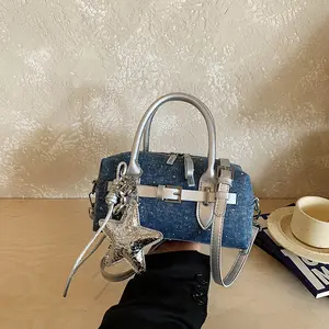 Women's Mini Denim Boston Shoulder Bag - Sparkle Detail, Star Charm, Chic Small Crossbody Purse for Everyday Use