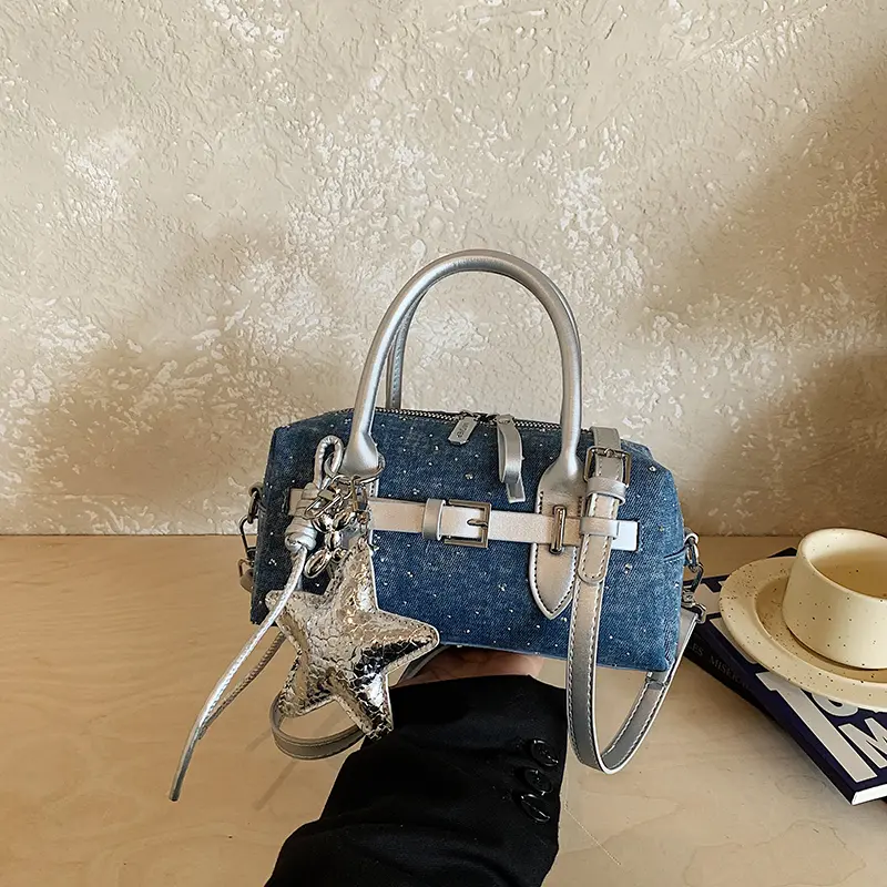 Women's Mini Denim Boston Shoulder Bag - Sparkle Detail, Star Charm, Chic Small Crossbody Purse for Everyday Use, Casual Bags