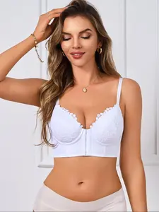 Women's Plain Lace Push Up Bra, Casual Comfortable Breathable Front Buckle Bra for Daily Wear, Women's Lingerie for All Seasons, Underwear, Soft Breathable Bra