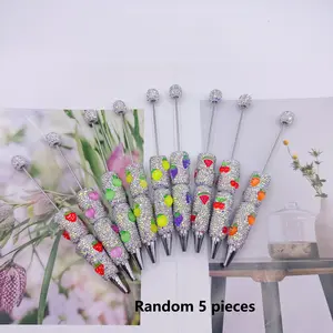 5pcs Fruit Theme Beaded Pen Set, High Aesthetic Full Diamond Pens, Strawberry Carrot Lemon Decorations, DIY Craft Kit, School Writing Pens, Holiday Gift, Glitter Gel Pens