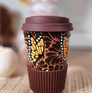 Brown Talavera Butterfly tumbler travel mug handmade handpainted birthday gifts for her Ceramic Coffee Cup Washable home kitchen decor floral design Drinkware Lid Monarch Butterfly