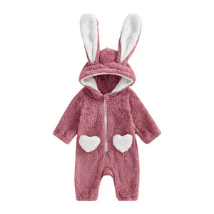 Newborn Infant Toddler Baby Warm Jumpsuit Outfit , Bunny Ears Long Sleeve Hooded Zipper Closure Winter Romper Bodysuits Clothes for Boys Girls