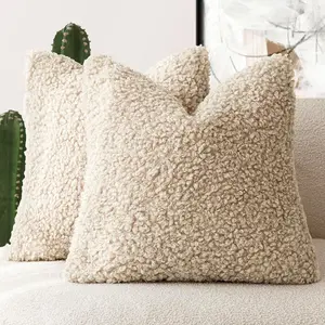 2 Pieces 20x20 Inch Light Khaki, Faux Fur Throw Pillow Cover Pillow Fuzzy Soft Pillowcases Sheepskin Decorative Fleece Cushion Case for Bed Couch Living Room