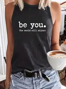 Women's Letter Print Round Neck Tank Top, Bodycon Tank Top, Casual Chic Sleeveless Crew Neck Fitted Top for Summer, Ladies Clothes for Daily Wear, Socks