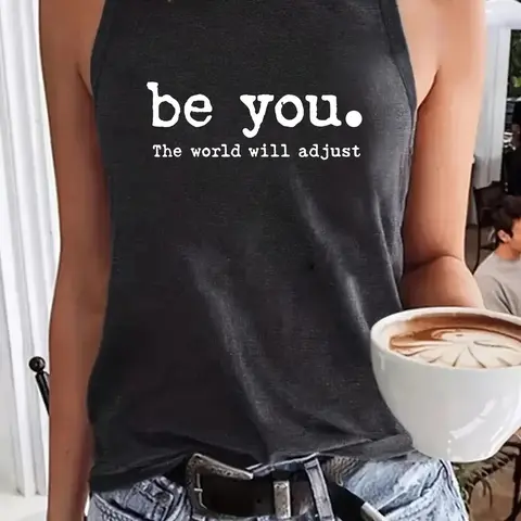 Women's Letter Print Round Neck Tank Top, Bodycon Tank Top, Casual Chic Sleeveless Crew Neck Fitted Top for Summer, Summer Tops Trendy, Casual Fashion Sleeveless, Ladies Clothes for Daily Wear, Socks