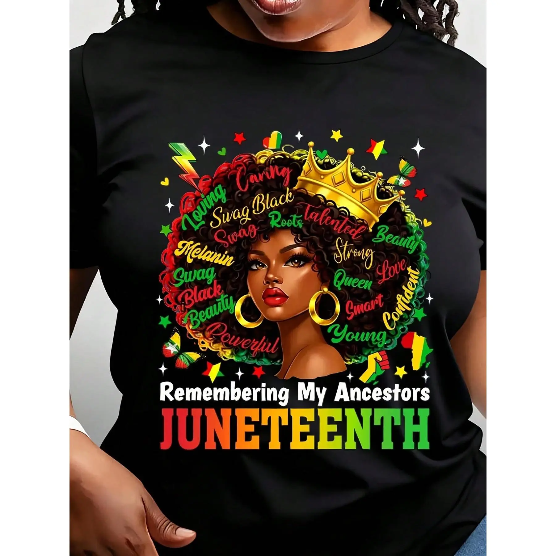 Women's Juneteenth Remembering My Ancestors Short-Sleeve Round Neck T-Shirt - Vibrant Crown & Afro Artwork Black Heritage Pride Top for Cultural Events, Streetwear, Shortsleeve, Tshirt fathers day gift ideas