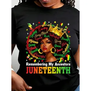 Juneteenth Remembering My Ancestors Women's T-Shirt Casual Crew Neck Short Sleeve Celebrating Black Heritage And Pride With Vibrant Design Featuring Crown And Afro Artwork Perfect For Everyday Wear And Cultural Events