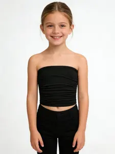 Girls' Solid Color Halter Short Top, Elastic Ruched Soft Breathable Fit, All-Season Versatile Inner & Outer Wear