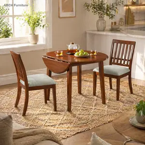 3-Piece Round Kitchen Table Set for 2 - 1 Folding Wood Dining Table + 2 Upholstered Chairs, Space-Saving Indoor Furniture for Small Apartments, Brown, Kitchen Table Sets