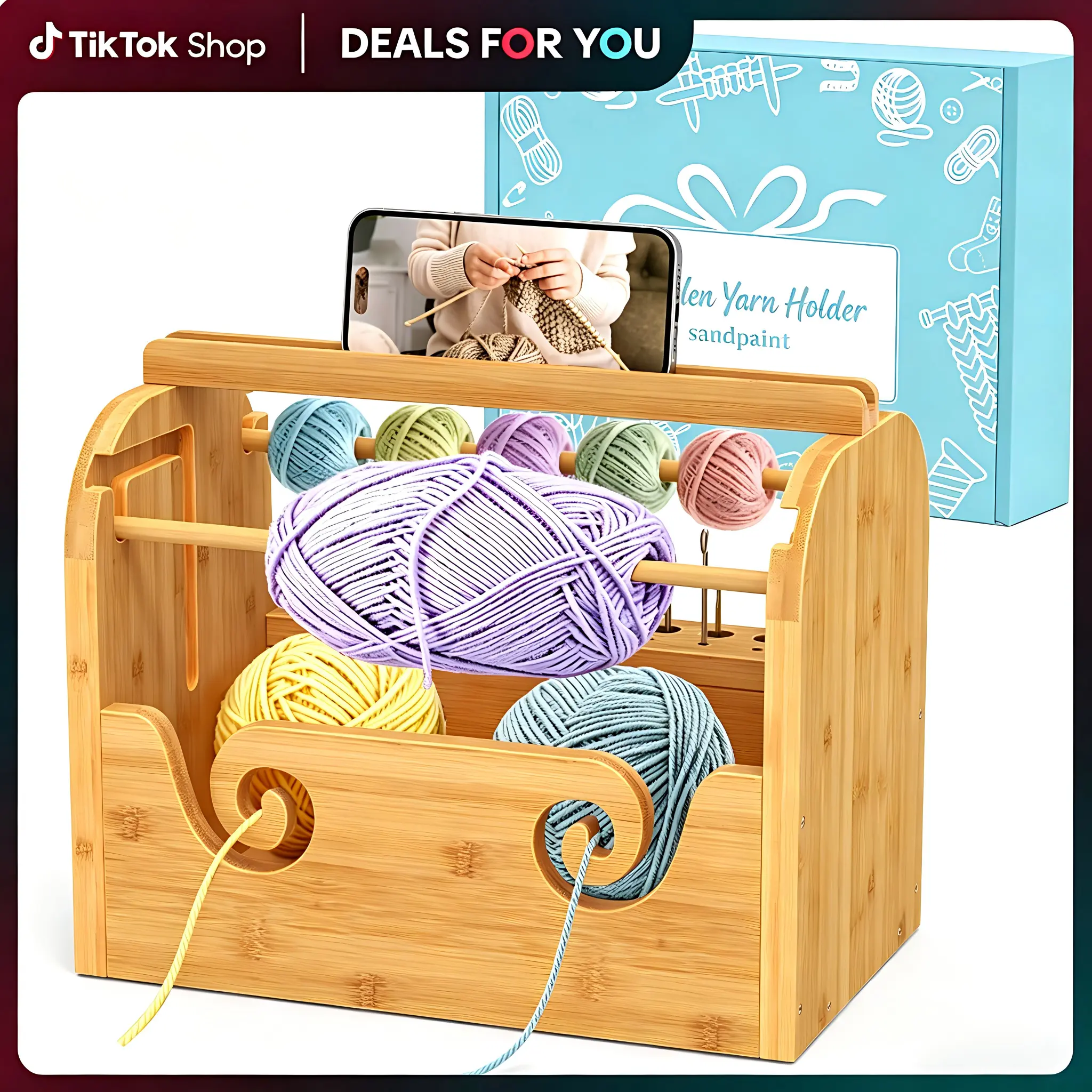 Upgraded Compact Natural Wood Bamboo Crocheting Yarn Holder - Sandpaint Dual-Rods Tangle-Free Tool Holder with Phone Stand Bottom, Skein & Cake Yarn Storage Organizer